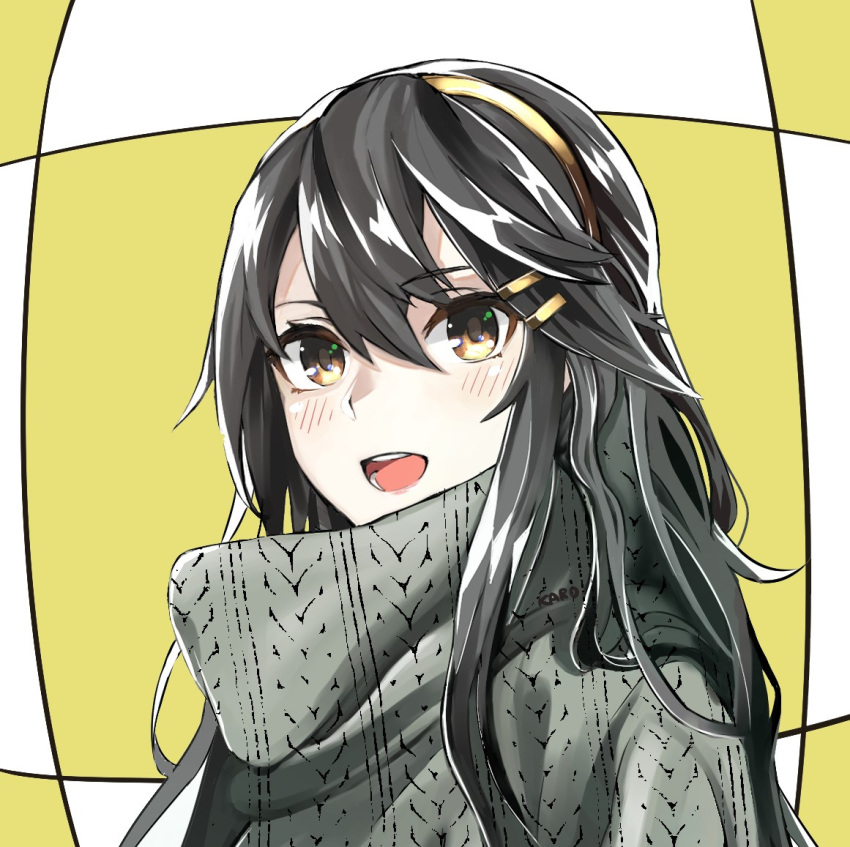 1girl alternate_costume black_hair blush brown_eyes close-up eyebrows_visible_through_hair hair_ornament hairband hairclip haruna_(kantai_collection) kantai_collection long_sleeves looking_at_viewer open_mouth paeonia1202 smile solo sweater upper_body