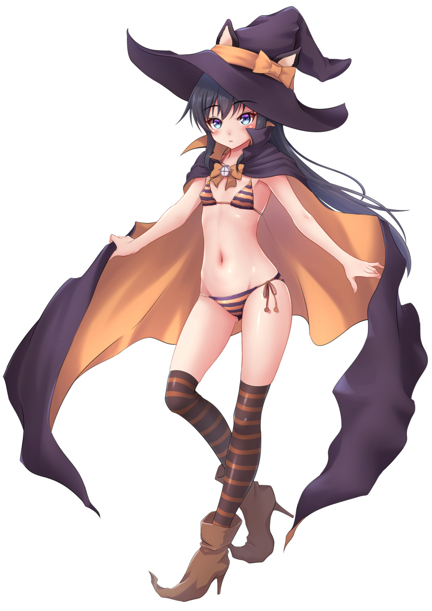 1girl absurdres asashio_(kantai_collection) bikini black_bikini black_cape black_hair black_legwear blue_eyes boots cape flat_chest full_body halloween halloween_costume hat high_heel_boots high_heels highres kantai_collection long_hair makura_(user_jpmm5733) multicolored multicolored_bikini multicolored_cape multicolored_clothes navel orange_bikini orange_cape orange_legwear side-tie_bikini simple_background solo standing striped striped_bikini striped_legwear striped_swimsuit swimsuit thigh-highs white_background witch_hat
