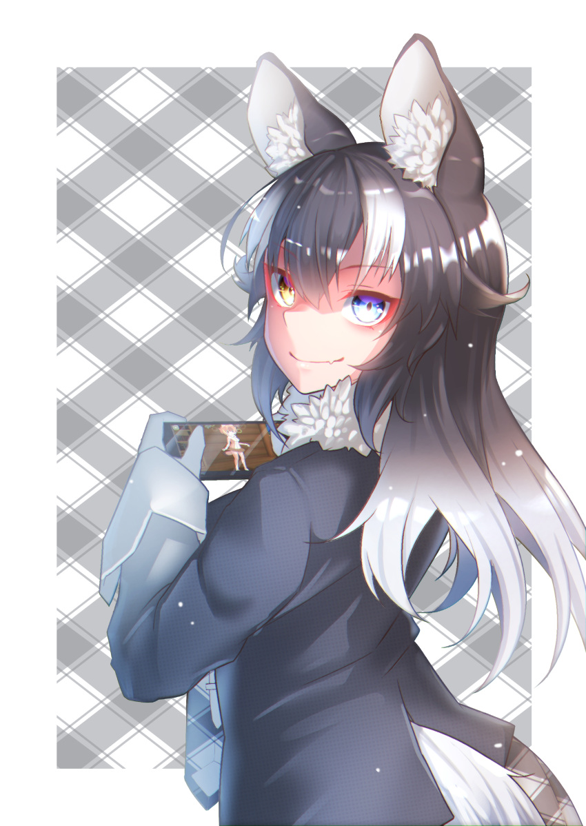 2girls absurdres animal_ears blue_eyes breasts cellphone closed_eyes eyebrows_visible_through_hair fang fur_collar gloves grey_wolf_(kemono_friends) heterochromia highres kemono_friends long_hair looking_at_viewer looking_back multicolored_hair multiple_girls necktie phone skin_fang smartphone smile st.takuma tail two-tone_hair white_gloves wolf_ears wolf_girl wolf_tail yellow_eyes