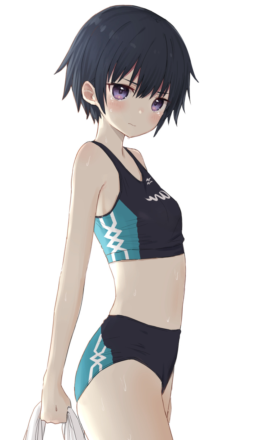 1girl absurdres black_hair blush breasts highres looking_at_viewer midriff original short_hair simple_background small_breasts standing sweat tears track_and_field violet_eyes white_background zuima