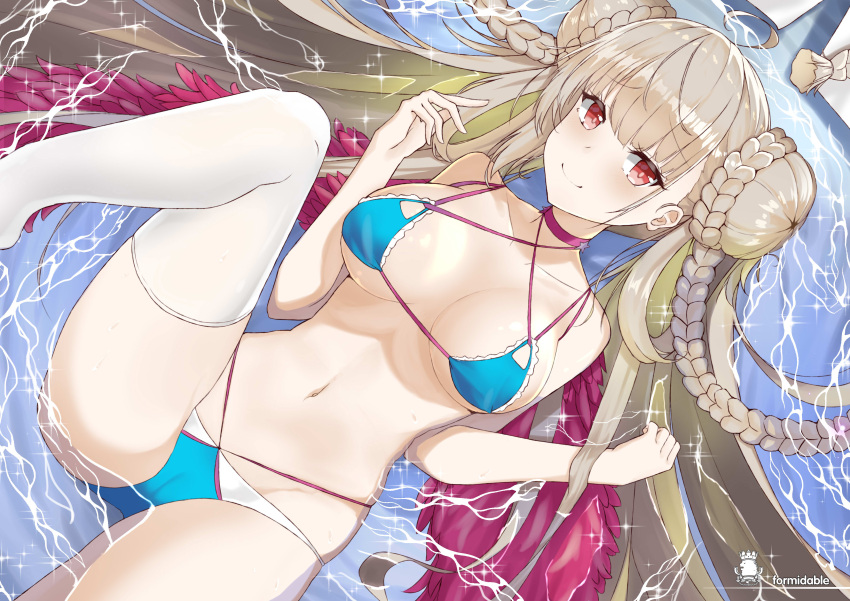 1girl absurdres ahoge azur_lane bangs bare_legs bare_shoulders bikini blonde_hair blue_bikini blunt_bangs blush braid breasts breasts_apart character_name closed_mouth collarbone criss-cross_halter day double_bun eyebrows_visible_through_hair fengyue_jiang formidable_(the_lady_of_the_beach)_(azur_lane) halterneck highres large_breasts leg_up long_hair looking_at_viewer lying on_back outdoors red_eyes single_braid smile solo sparkle swimsuit thigh-highs touhou very_long_hair water white_legwear