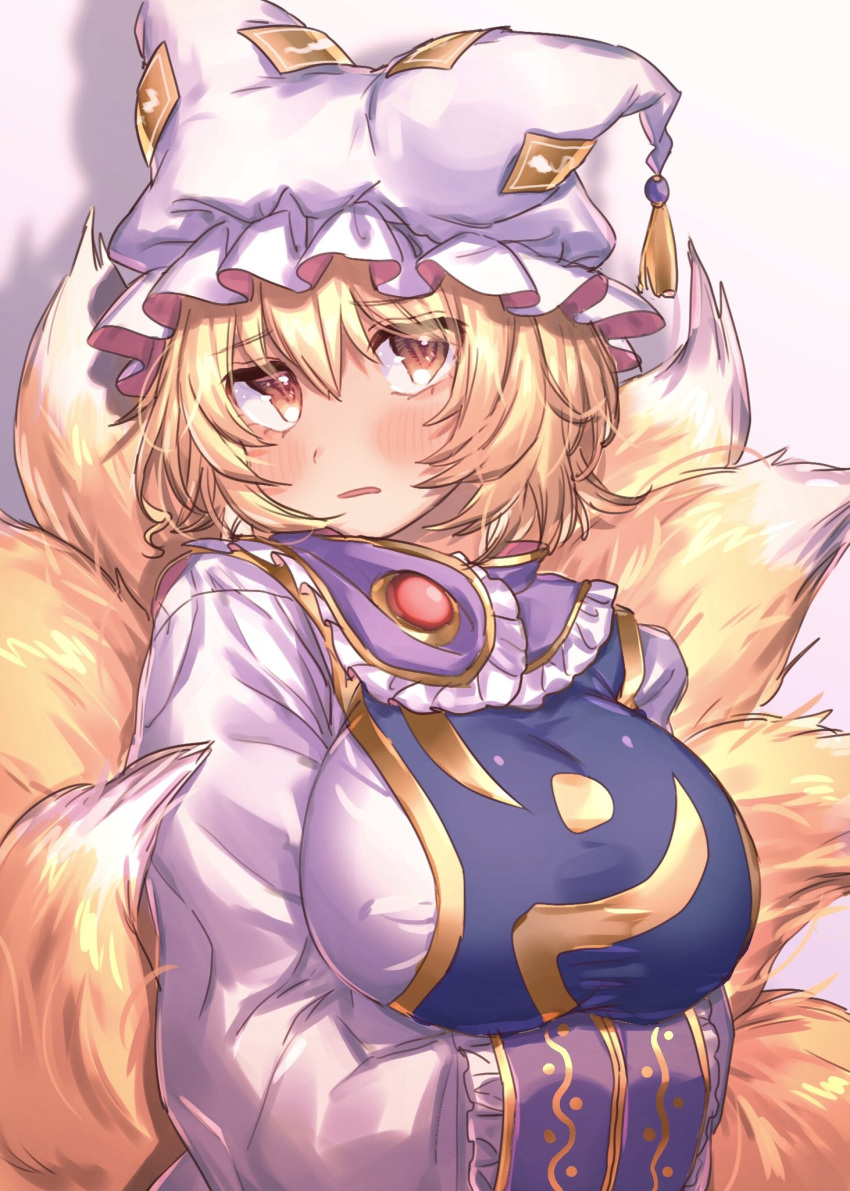1girl bangs blonde_hair blush breasts commentary_request dress eyebrows_visible_through_hair fox_tail frilled_shirt_collar frills gradient gradient_background hair_between_eyes hat highres large_breasts long_sleeves looking_at_viewer masanaga_(tsukasa) multiple_tails ofuda parted_lips pillow_hat purple_background shadow short_hair solo tabard tail touhou upper_body white_dress white_headwear yakumo_ran yellow_eyes