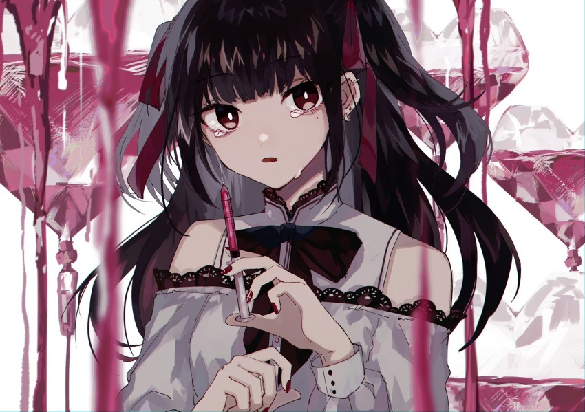 1girl bangs bare_shoulders black_hair blurry blurry_foreground bow brown_bow commentary danjou_sora depth_of_field dress ear_piercing earrings eyebrows_visible_through_hair fingernails hair_ribbon highres holding holding_syringe intravenous_drip jewelry lace lace-trimmed_dress long_hair looking_at_viewer mole mole_under_eye nail_polish off-shoulder_dress off_shoulder original parted_lips piercing red_eyes red_nails red_ribbon ribbon shirt sleeveless sleeveless_shirt solo symbol_commentary syringe tears two_side_up white_background white_dress white_shirt