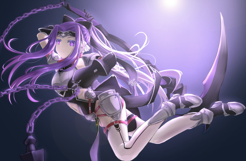 1girl absurdres arm_up armor black_background black_gloves black_leotard boots breastplate chain expressionless fate/grand_order fate_(series) gauntlets gloves headband highres jumping legs leotard long_hair medusa_(lancer)_(fate) navel ponytail purple_hair ribbon satsuki_(swkerc) scythe simple_background solo thigh-highs violet_eyes weapon white_legwear