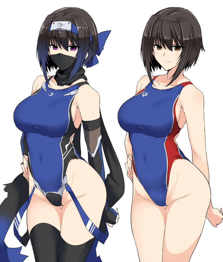1girl absurdres bangs bare_arms bare_shoulders black_hair black_legwear black_scarf blue_swimsuit breasts bridal_gauntlets brown_eyes closed_mouth collarbone commentary_request competition_swimsuit covered_navel cowboy_shot eyebrows_visible_through_hair face_mask forehead_protector groin hair_between_eyes hand_on_hip harukon_(halcon) highleg highleg_swimsuit highres large_breasts legs_together light_smile looking_at_viewer mask multiple_views ninja one-piece_swimsuit original pink_eyes scarf shiny shiny_hair short_hair sidelocks simple_background standing swimsuit thigh-highs variations white_background