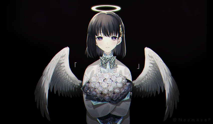 1girl black_background black_hair bouquet bow cardigan checkered checkered_bow flower halo holding holding_bouquet looking_at_viewer naomasap original short_hair simple_background solo twitter_username upper_body violet_eyes white_wings wings