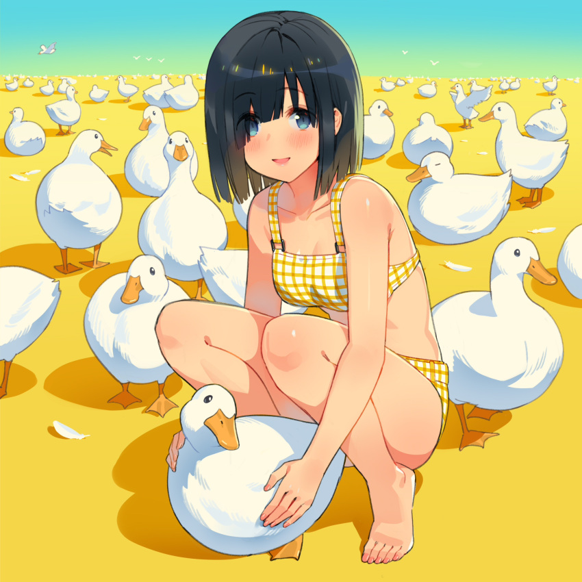 1girl animal bangs bare_arms bare_legs bare_shoulders barefoot bikini bird black_hair blue_sky blush breasts closed_eyes commentary_request ddal eyebrows_visible_through_hair eyes_visible_through_hair feathers goose gradient_sky green_sky hair_over_one_eye highres holding holding_animal horizon looking_at_viewer original parted_lips plaid plaid_bikini shadow sky small_breasts smile solo squatting swimsuit white_feathers