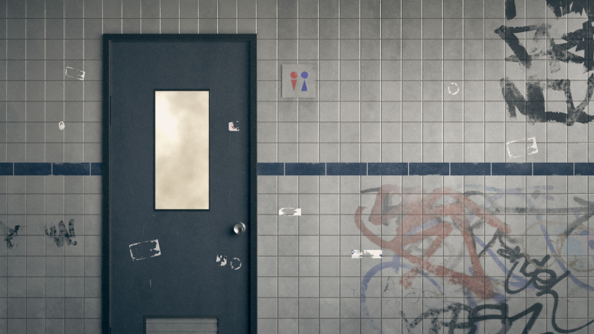 commentary_request door graffiti highres kemuri_haku no_humans original outdoors sticker tile_wall tiles toilet_symbol