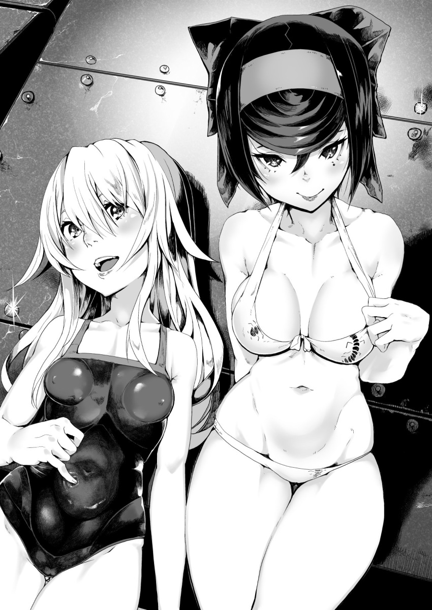 2girls arm_support bangs bikini bikini_pull bow breasts bug centipede closed_mouth covered_navel covered_nipples from_above front-tie_bikini front-tie_top girls_und_panzer girls_und_panzer_ribbon_no_musha greyscale ground_vehicle hair_bow hair_ribbon hand_on_own_stomach highres konoshita_kiyomasa long_hair looking_at_viewer lying matsukaze_rin medium_breasts military military_vehicle mole mole_under_eye monochrome motor_vehicle multiple_girls navel on_back on_vehicle open_mouth print_bikini ribbon short_hair sitting skindentation small_breasts smile swimsuit tank tsuruki_shizuka