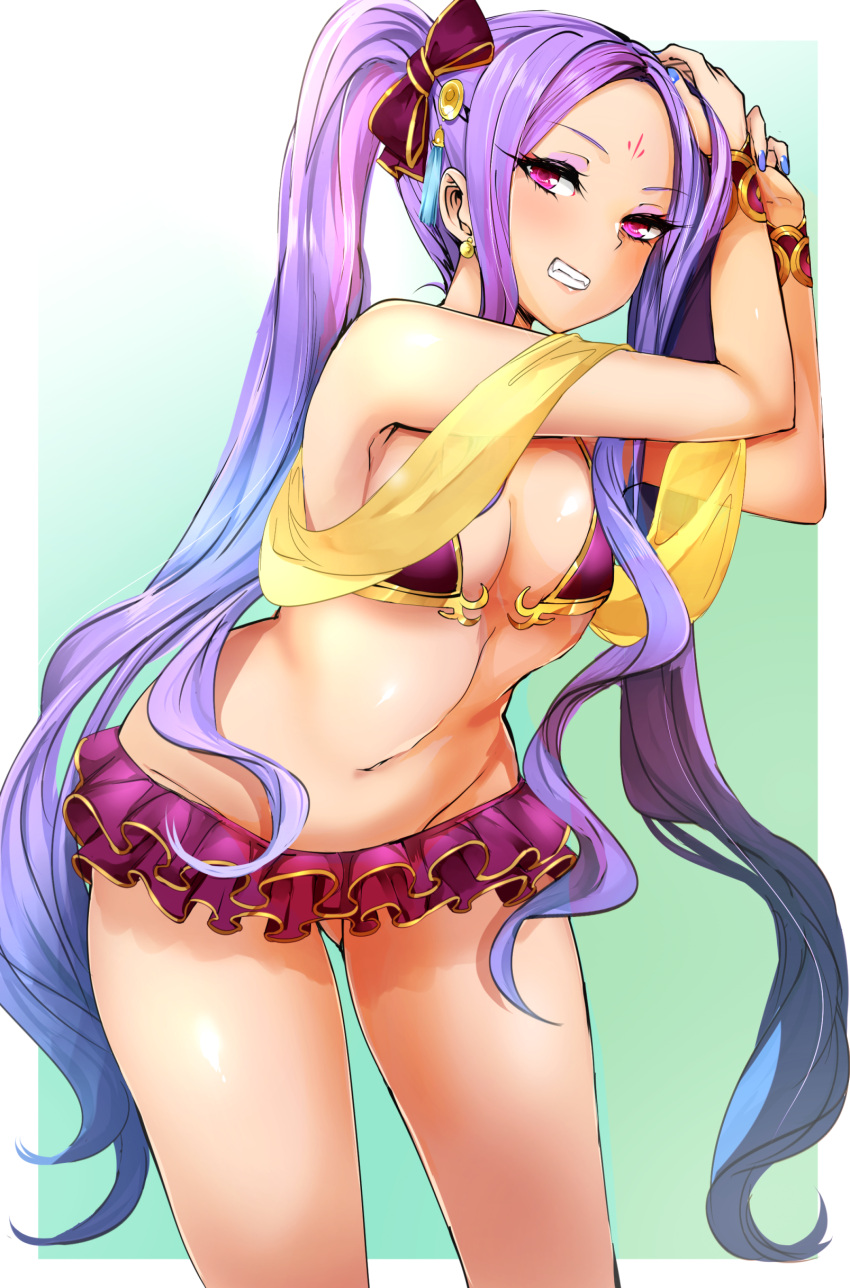 1girl absurdres agetama bangs bare_shoulders bikini blue_background blush bow bracelet breasts earrings eyeliner facial_mark fate/grand_order fate_(series) forehead forehead_mark gradient gradient_background grin hair_bow hair_ornament highres jewelry long_hair looking_at_viewer makeup miniskirt navel parted_bangs purple_bikini purple_hair sash skirt small_breasts smile solo swimsuit tassel thighs tying_hair very_long_hair wu_zetian_(fate/grand_order)