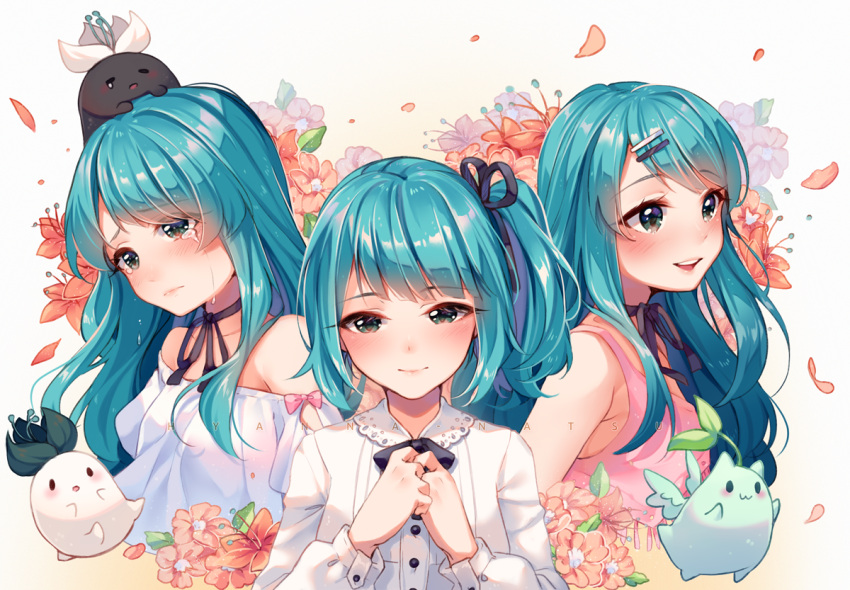 3girls bangs bare_shoulders black_bow black_ribbon blue_hair bow breasts choker closed_mouth collared_shirt commentary commission dress_shirt english_commentary eyebrows_visible_through_hair flower green_eyes green_flower grey_background hair_ornament hair_ribbon hairclip hands_up hyanna-natsu long_hair mandrake multiple_girls neck_ribbon off-shoulder_shirt off_shoulder on_head one_side_up original parted_lips petals pink_flower pink_tank_top ribbon ribbon_choker shirt simple_background small_breasts smile tank_top upper_body upper_teeth white_flower white_shirt