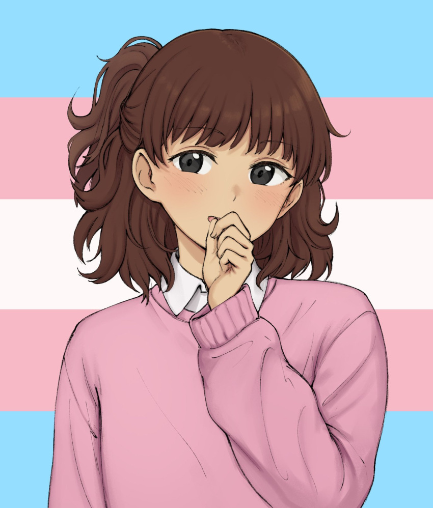 1girl ambiguous_gender black_eyes blush borrowed_character brown_hair cardigan collared_shirt covering_mouth eyebrows_visible_through_hair highres lgbt_pride long_sleeves looking_at_viewer open_mouth original pas_(paxiti) pink_cardigan pride_flag queer shirt short_ponytail side_ponytail smile trans transgender transgender_flag upper_body white_shirt