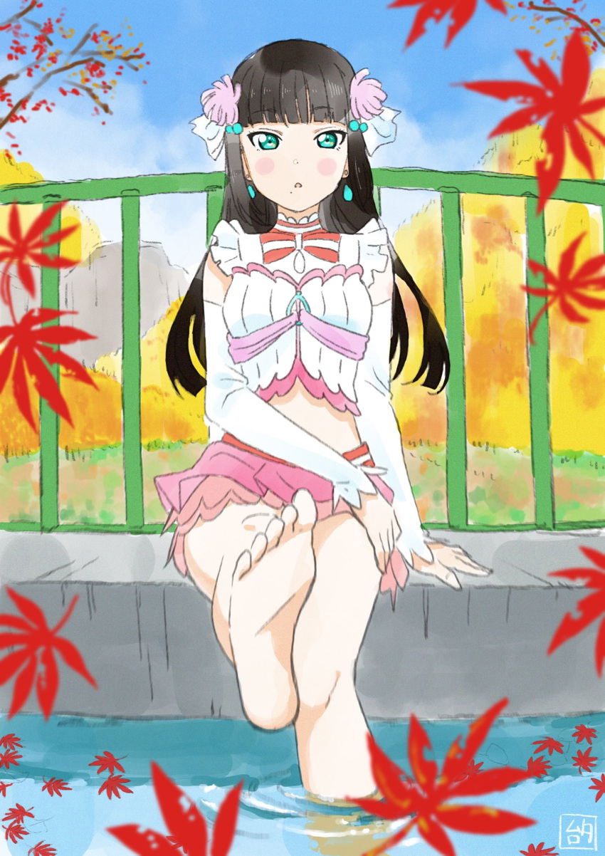 1girl autumn autumn_leaves barefoot black_hair fence green_eyes hair_ornament hairpin highres hime_cut koi_ni_naritai_aquarium kurosawa_dia love_live! love_live!_sunshine!! mole mole_under_mouth murota_yuuhei official_art sitting water