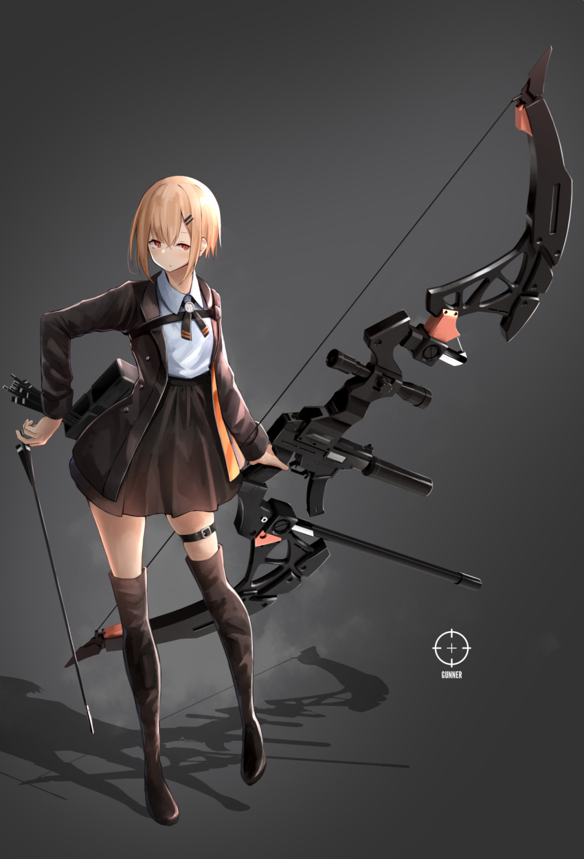 1girl arrow blonde_hair boots bow_(weapon) grey_background gun hair_ornament hairclip highres knoy3356 long_sleeves orange_eyes original quiver scope short_hair thigh-highs thigh_boots thigh_strap weapon