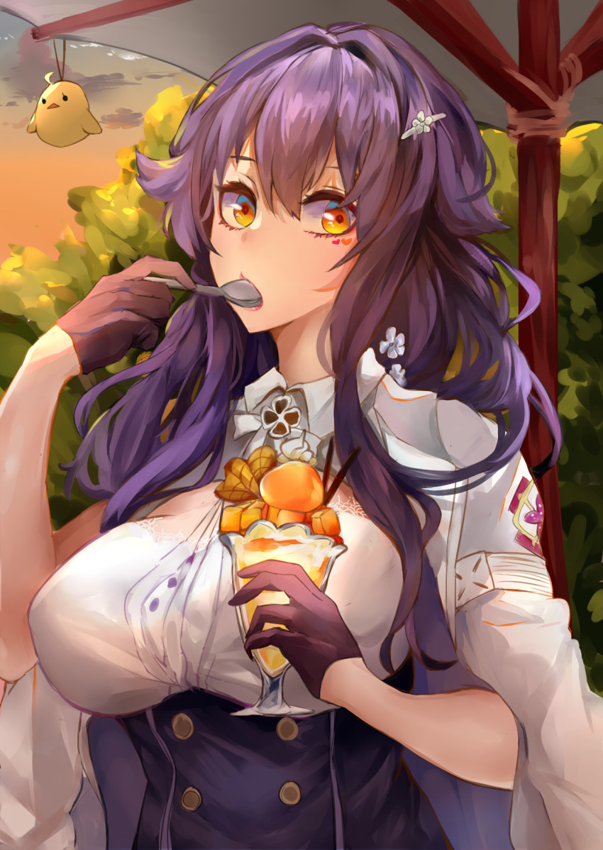 1girl azuma_(azur_lane) azur_lane bangs black_gloves bra bra_through_clothes breasts buttons eating gloves hair_between_eyes hair_ornament hairclip highres lace lace-trimmed_bra large_breasts leichi6 long_hair long_sleeves looking_at_viewer outdoors purple_hair sidelocks solo underwear yellow_eyes