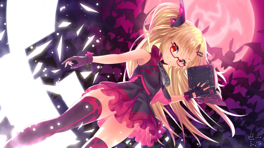 1girl akatsuki_yuni bangs bat bettle_(b_s_a_n) black_dress black_gloves black_legwear blonde_hair book dress dutch_angle from_below glasses gloves hair_ornament hairclip highres holding holding_book long_hair looking_at_viewer moon night partly_fingerless_gloves pink_moon red-framed_eyewear red_eyes sleeveless smile solo standing two_side_up uni_channel very_long_hair virtual_youtuber