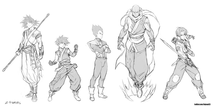 5boys armband bald cape circlet closed_mouth dougi dragon_ball fighting_stance fingerless_gloves floating gloves greyscale highres holding holding_staff holding_sword holding_weapon jacket male_focus multiple_boys muscle parted_lips piccolo rejean_dubois scabbard sheath sketch skin_tight son_gohan son_goku staff sword torn_clothes trunks_(dragon_ball) trunks_(future)_(dragon_ball) vegeta weapon white_background