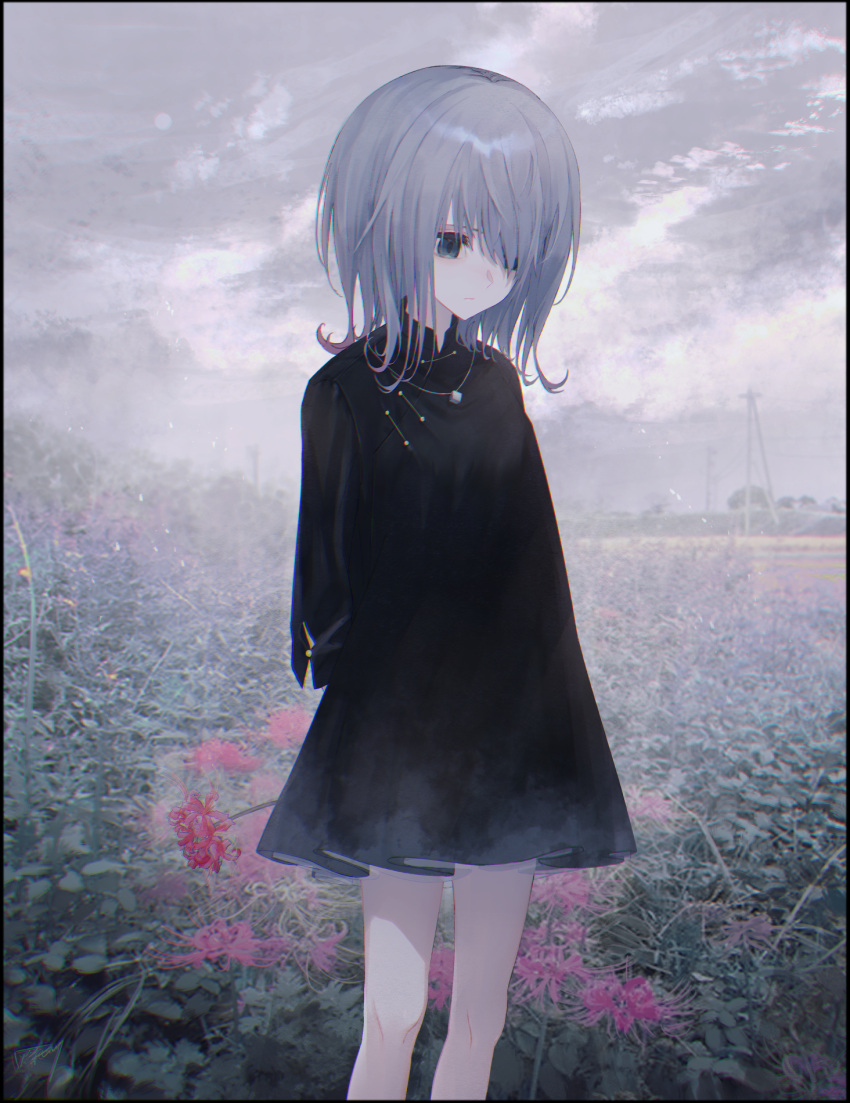 1girl arms_behind_back bangs black_dress breasts clouds cloudy_sky commentary_request dress eyebrows_behind_hair flower grey_eyes grey_hair hair_over_one_eye haizome_senri highres holding holding_flower long_hair looking_away looking_down original outdoors power_lines red_flower short_dress sky small_breasts solo spider_lily tears telephone_pole