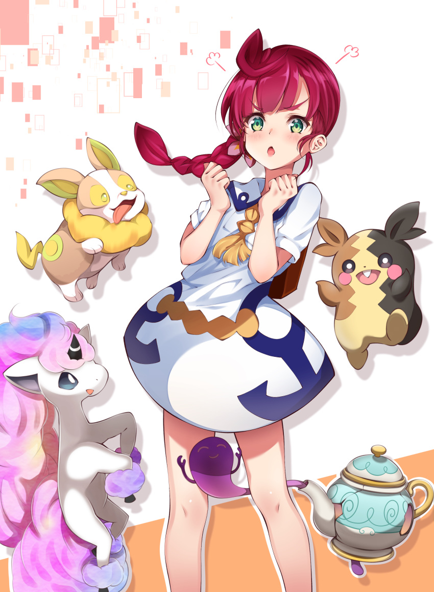 1girl absurdres bangs braid character_request commentary_request dress eyebrows_visible_through_hair feet_out_of_frame highres horn kazanock long_hair pokemon pokemon_(creature) pokemon_(game) pokemon_swsh short_sleeves solo white_dress