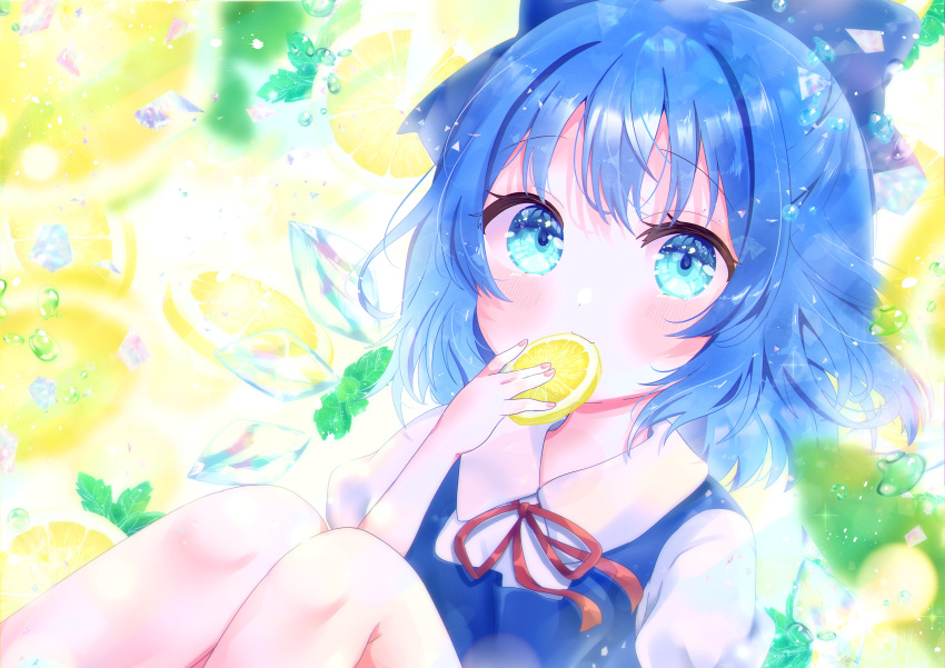 1girl \||/ absurdres blue_dress blue_eyes blue_hair blush bow cirno dress eyebrows_visible_through_hair face food hair_bow highres ice ice_wings knees_up looking_at_viewer nail_polish neck_ribbon pink_nails puffy_short_sleeves puffy_sleeves red_ribbon ribbon shirt short_hair short_sleeves solo suzukkyu touhou wings