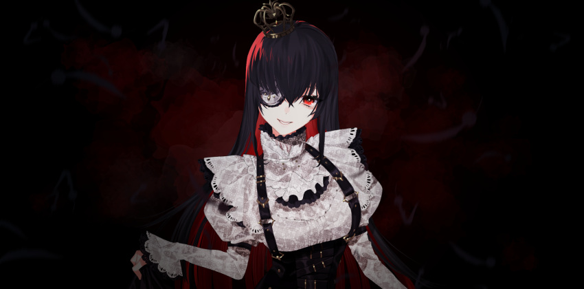 1girl belt black_hair crown dress eyepatch highres lace lace-trimmed_dress lace_trim lips looking_at_viewer mini_crown naomasap original parted_lips red_eyes solo upper_body