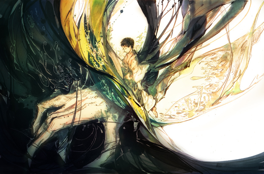arms_at_sides bangs barefoot black_hair closed_mouth creature floating frown giant_hand h2so4kancel highres japanese_clothes kimono liquid long_sleeves male_focus minai_kumado monster mushishi surreal unconscious white_background