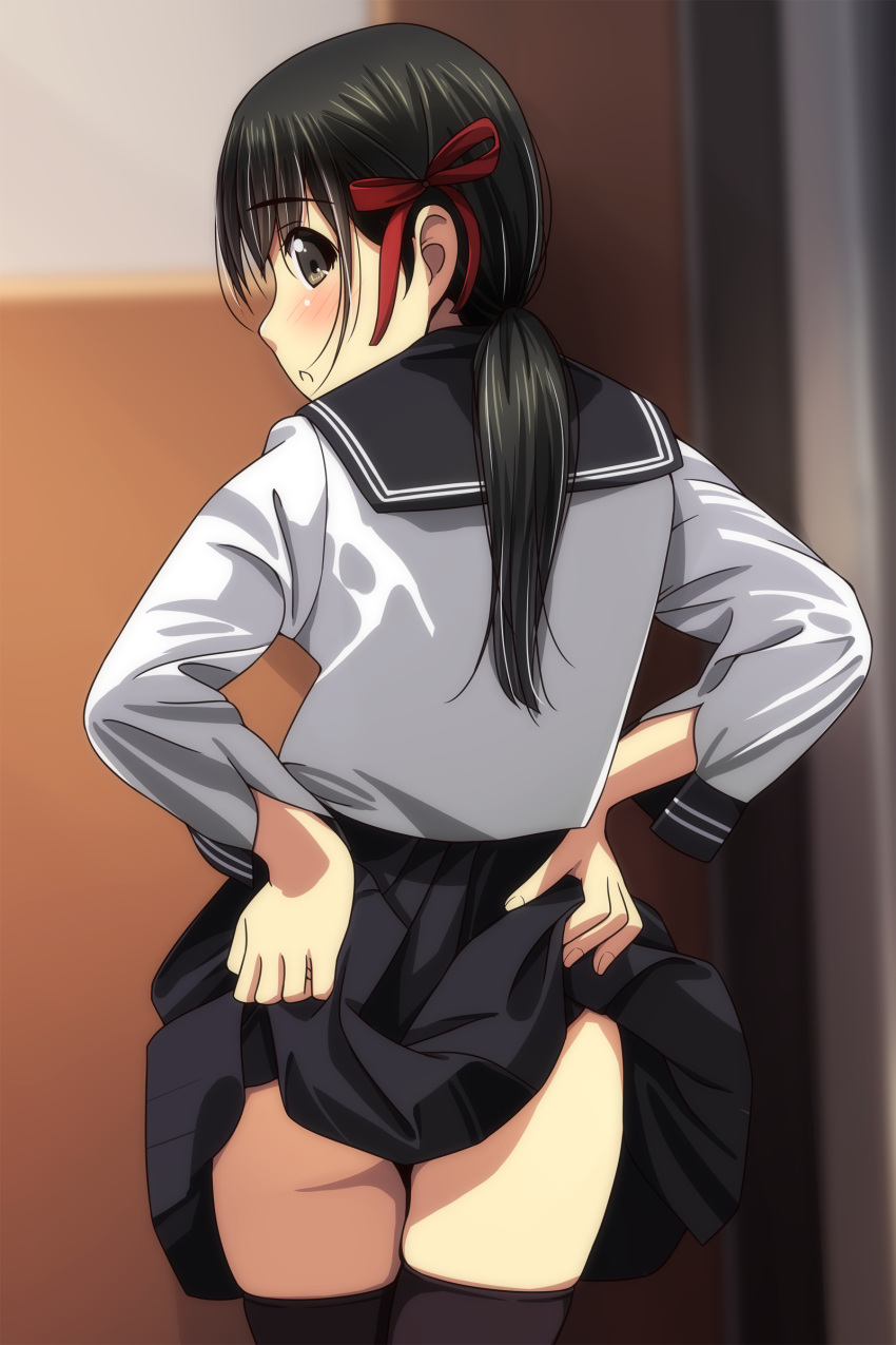 1girl absurdres ass bangs black_hair black_legwear black_sailor_collar black_skirt blurry blurry_background blush brown_eyes depth_of_field eyebrows_visible_through_hair from_behind hair_between_eyes hair_ribbon highres lifted_by_self long_hair long_sleeves looking_at_viewer looking_back matsunaga_kouyou original parted_lips pleated_skirt profile red_ribbon ribbon sailor_collar school_uniform serafuku shirt skindentation skirt skirt_lift solo thigh-highs white_shirt