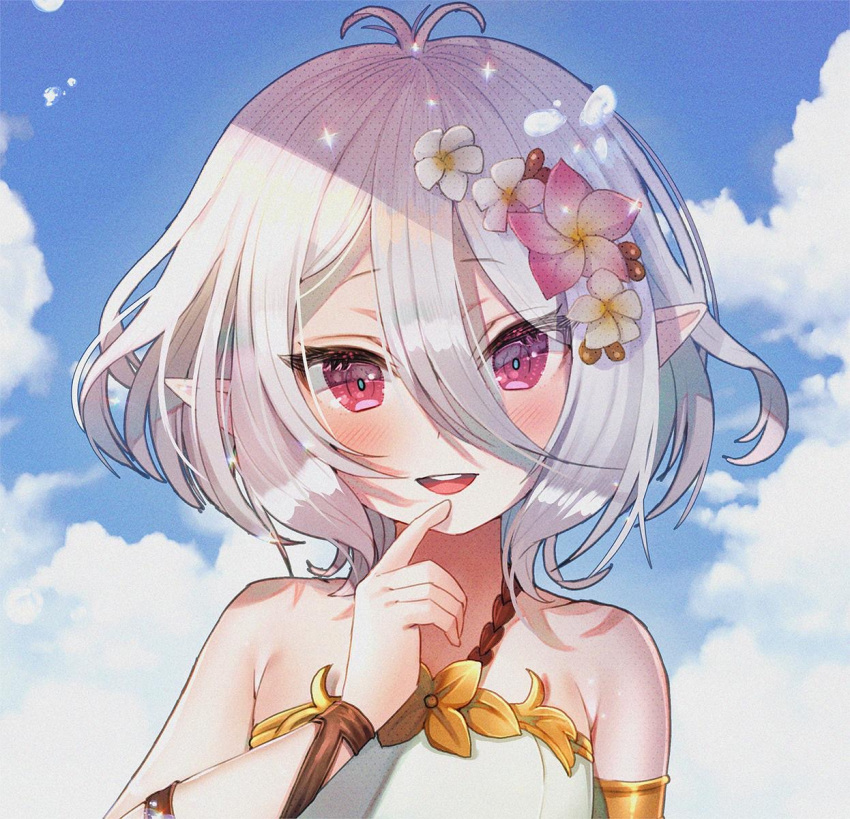 1girl antenna_hair bare_shoulders blush close-up collarbone eyebrows_visible_through_hair flower hair_flower hair_ornament hanato_(seonoaiko) highres kokkoro_(princess_connect!) looking_at_viewer messy_hair parted_lips pointy_ears princess_connect! princess_connect!_re:dive short_hair silver_hair smile solo upper_body upper_teeth violet_eyes