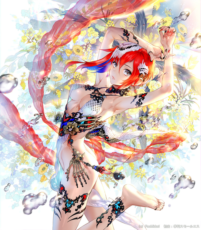 1girl armpits arms_up ass bare_arms blush breasts eyebrows_visible_through_hair feathers feet flower highres looking_at_viewer nail_polish original red_eyes skeletal_hand solo sunflower water wings