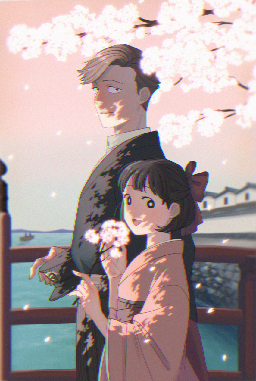 1boy 1girl :d black_hair black_headwear blurry blurry_background bob_cut bow branch bridge brown_hair cherry_blossoms chibi_maruko-chan dappled_sunlight day flower from_side hair_bow hakama half_updo hanawa_kazuhiko hat hat_removed headwear_removed height_difference highres holding holding_branch holding_hat japanese_clothes kimono long_sleeves looking_at_viewer looking_to_the_side meiji_schoolgirl_uniform older open_mouth outdoors posha-art red_bow red_hakama red_kimono sakura_momoko short_hair side-by-side sky smile sunlight upper_body wide_sleeves