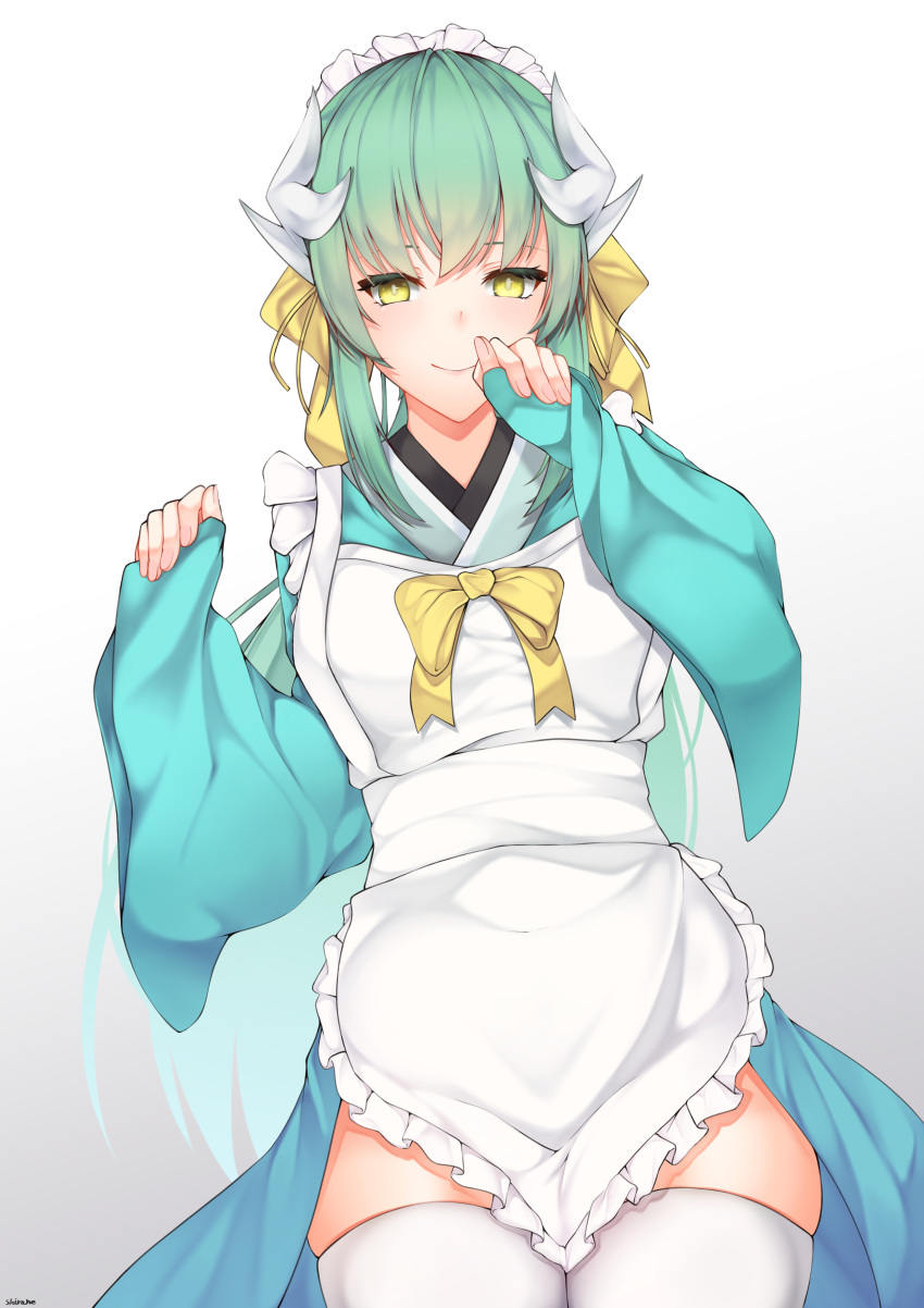 1girl absurdres alternate_costume apron aqua_hair aqua_kimono cowboy_shot dragon_girl dragon_horns enmaided fate/grand_order fate_(series) frilled_apron frills highres horns japanese_clothes kimono kiyohime_(fate/grand_order) long_hair looking_at_viewer maid maid_apron maid_headdress multiple_horns shirafuji_ene smile solo thigh-highs wa_maid white_apron white_legwear wide_sleeves yellow_eyes