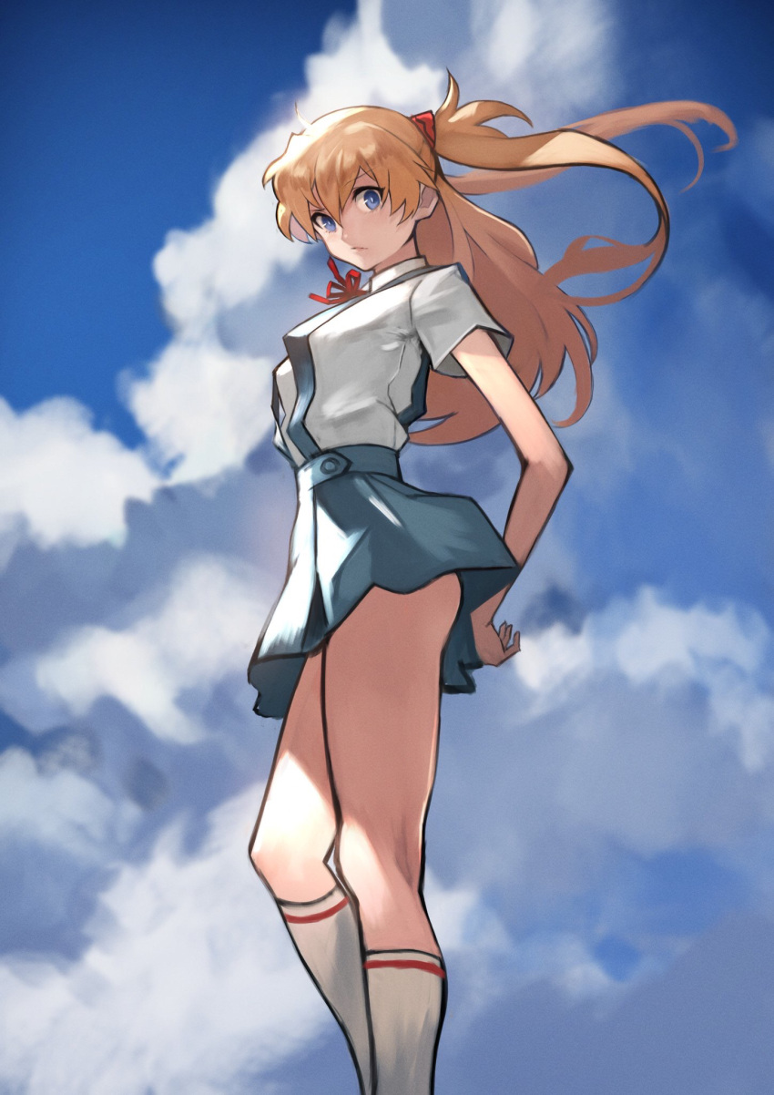 1girl 55level arms_behind_back ass bangs blue_eyes breasts clouds cloudy_sky day english_commentary feet_out_of_frame floating_hair from_side frown highres kneehighs legs long_legs looking_at_viewer neon_genesis_evangelion no_panties orange_hair outdoors school_uniform short_sleeves skinny skirt sky socks solo souryuu_asuka_langley standing white_legwear wind