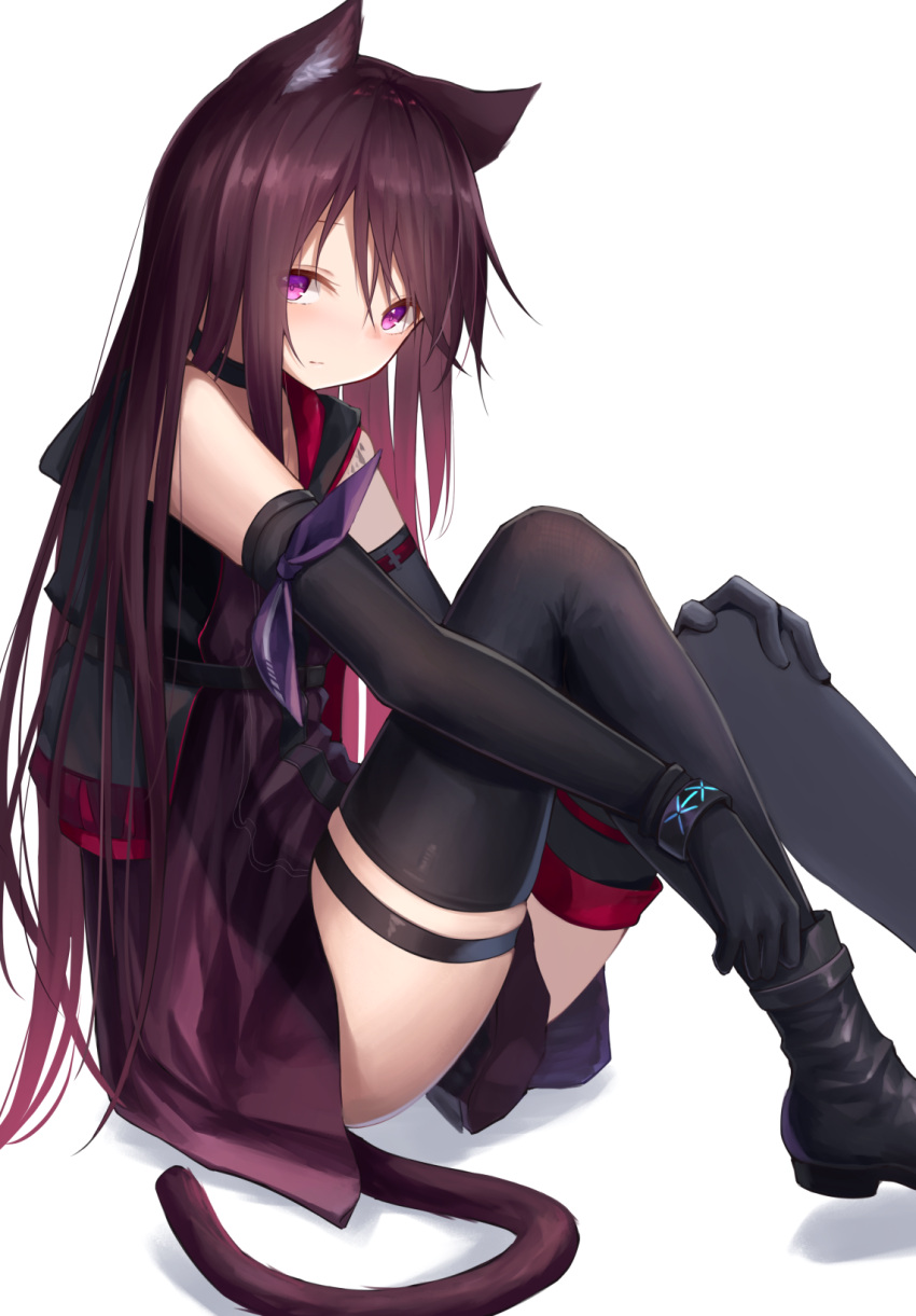 1girl animal_ears arknights black_gloves black_hair black_legwear cat_ears cat_tail choker elbow_gloves gloves hand_on_own_knee highres knoy3356 long_hair looking_at_viewer melantha sitting skindentation solo tail thigh-highs violet_eyes white_background