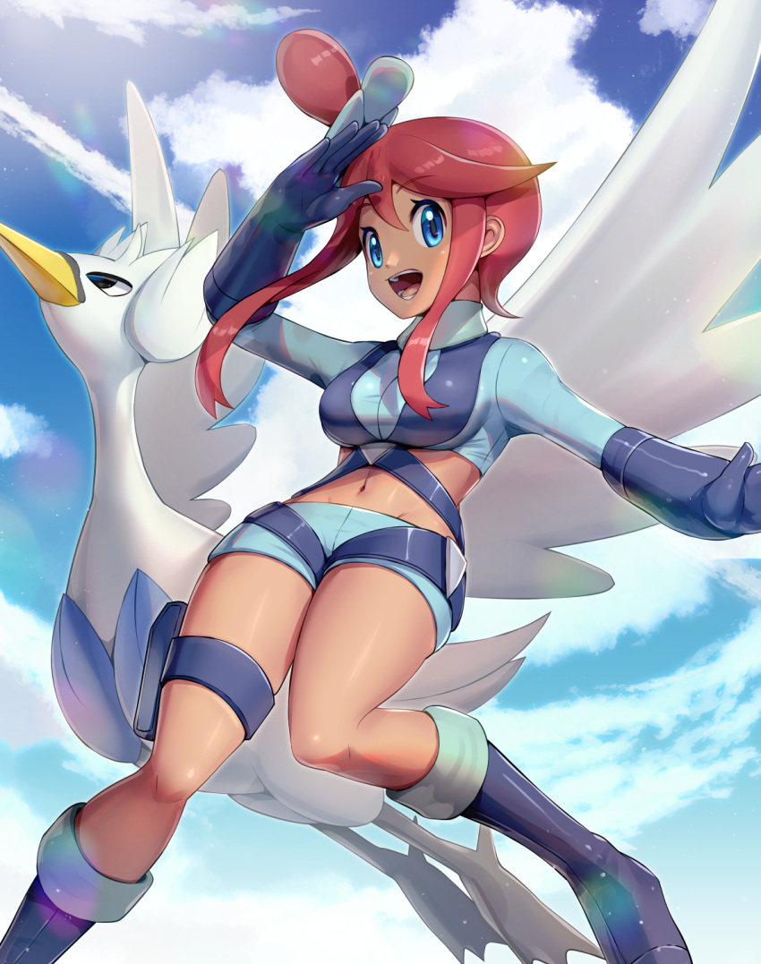 1girl arm_up bangs black_eyes blue_eyes blue_flower blue_footwear blue_gloves blue_shirt blue_shorts blue_sky blush boots breasts clouds commentary_request crop_top dark_skin day dutch_angle flower flying fuuro_(pokemon) gen_5_pokemon gloves gonzarez groin gym_leader hair_flower hair_ornament highres knee_boots light_blush long_hair long_sleeves looking_at_viewer looking_up medium_breasts midriff navel open_mouth outdoors outstretched_arm pokemon pokemon_(creature) pokemon_(game) pokemon_bw redhead shiny shiny_clothes shiny_hair shiny_skin shirt short_shorts shorts sky smile standing sunlight swanna teeth thigh_strap tied_hair topknot