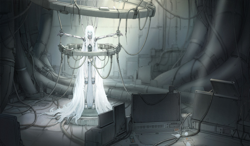 1girl absurdly_long_hair absurdres android bird cable commentary_request construction hang000 highres light_rays long_hair messy_hair original robot_joints ruins science_fiction tube very_long_hair white_hair