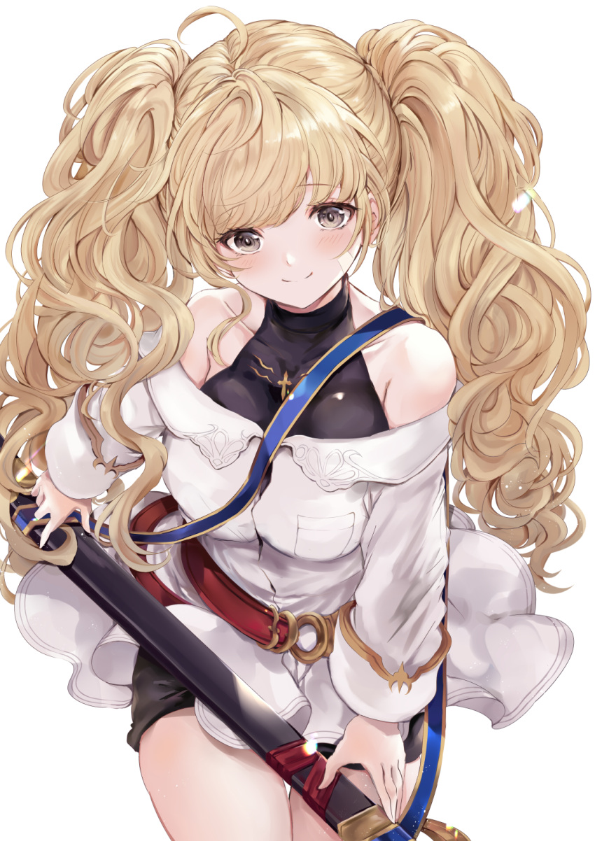1girl bangs bare_shoulders belt black_shorts blonde_hair blush breasts granblue_fantasy grey_eyes halterneck highres hinahino large_breasts long_hair long_sleeves looking_at_viewer monica_weisswind off-shoulder_shirt off_shoulder sheath shirt shorts simple_background smile solo sword thighs twintails wavy_hair weapon white_background white_shirt