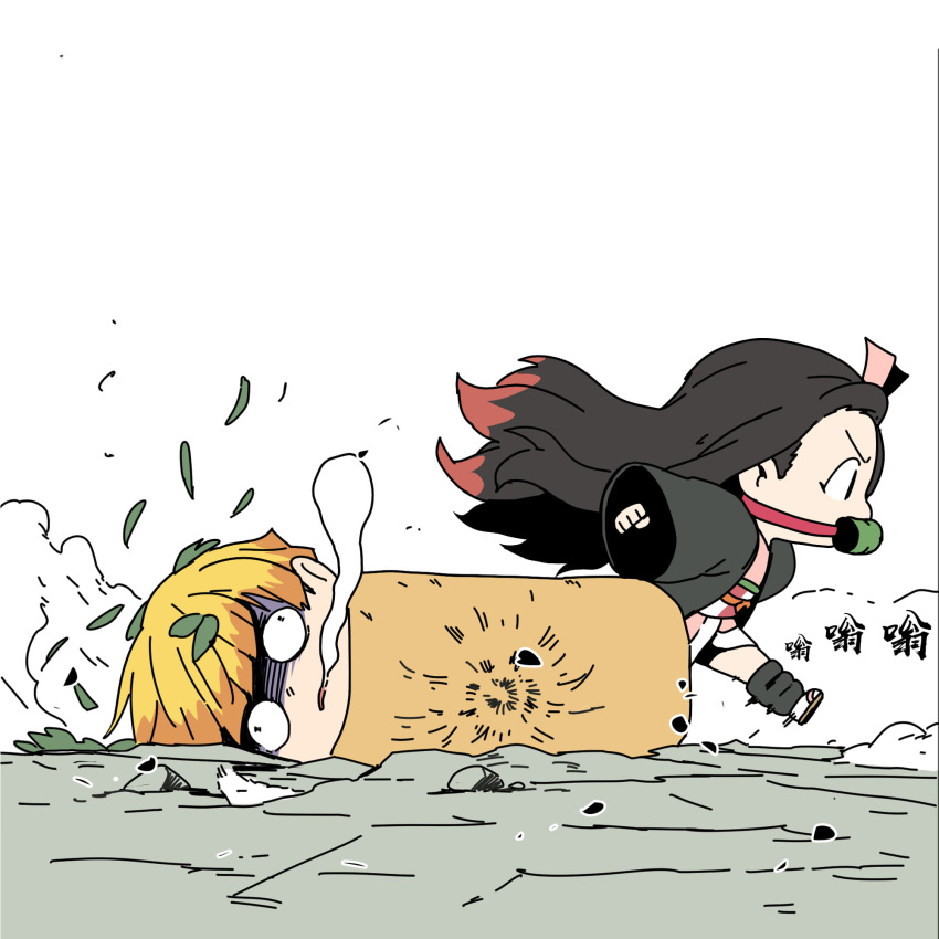 1boy 1girl agatsuma_zenitsu angry bamboo bit_gag black_hair blonde_hair chibi chinese_commentary chinese_text clenched_hands commentary_request cracked_floor dust_cloud gag hair_ribbon haori highres japanese_clothes kamado_nezuko kimetsu_no_yaiba kimono leaf miin_miin mouth_hold multicolored_hair obi open_mouth outstretched_arms pink_eyes pink_kimono pink_ribbon redhead ribbon sash spread_arms wall-eyed white_background