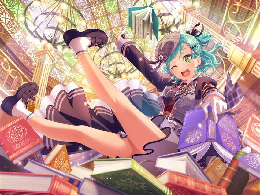 bang_dream! blush dress green_eyes green_hair guitar hikawa_hina official_art short_hair smile