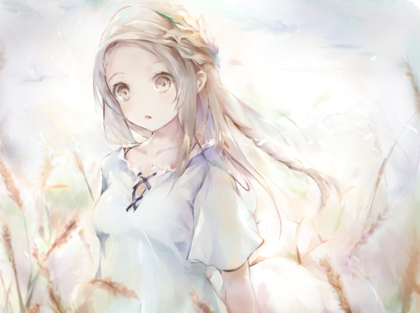 1girl bangs braid breasts brown_eyes brown_hair collarbone commentary_request day dress field forehead hanagin highres long_hair original outdoors parted_bangs parted_lips short_sleeves small_breasts solo upper_body very_long_hair white_dress wide_sleeves