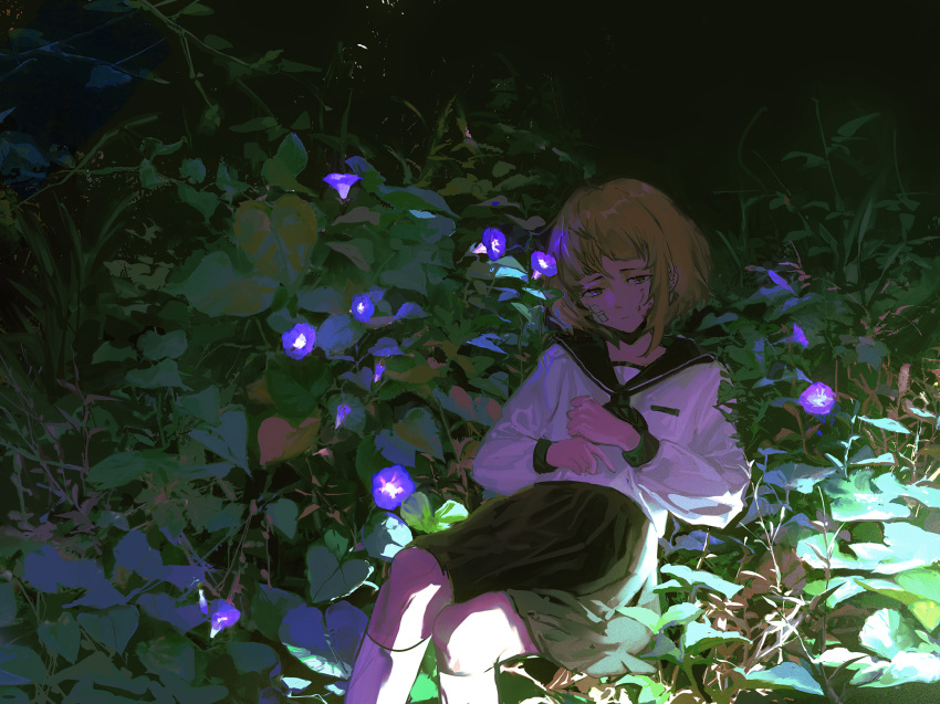 1girl bandage_on_face bandages black_neckerchief black_sailor_collar black_skirt blue_flower breast_pocket brown_eyes brown_hair bruise closed_mouth commentary_request feet_out_of_frame flower foliage highres injury kneehighs lobelia_(saclia) long_sleeves lying neckerchief on_back on_ground original outdoors pocket sailor_collar school_uniform serafuku shirt short_hair skirt solo white_legwear white_shirt