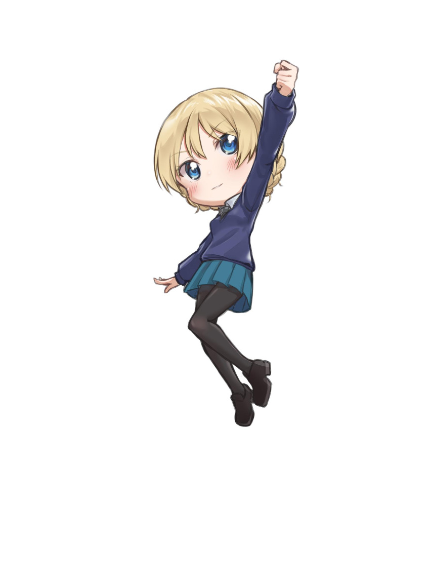 1girl bangs black_footwear black_legwear black_neckwear blonde_hair blue_eyes blue_skirt blue_sweater blush braid catchphrase chibi closed_mouth commentary_request darjeeling dress_shirt epaulettes eyebrows_visible_through_hair girls_und_panzer highres light_blush loafers long_sleeves mamu_t7s miniskirt necktie outstretched_arms pantyhose pleated_skirt school_uniform shirt shoes short_hair simple_background skirt smile solo spread_arms st._gloriana's_school_uniform standing sweater tied_hair twin_braids v-neck white_background white_shirt wing_collar