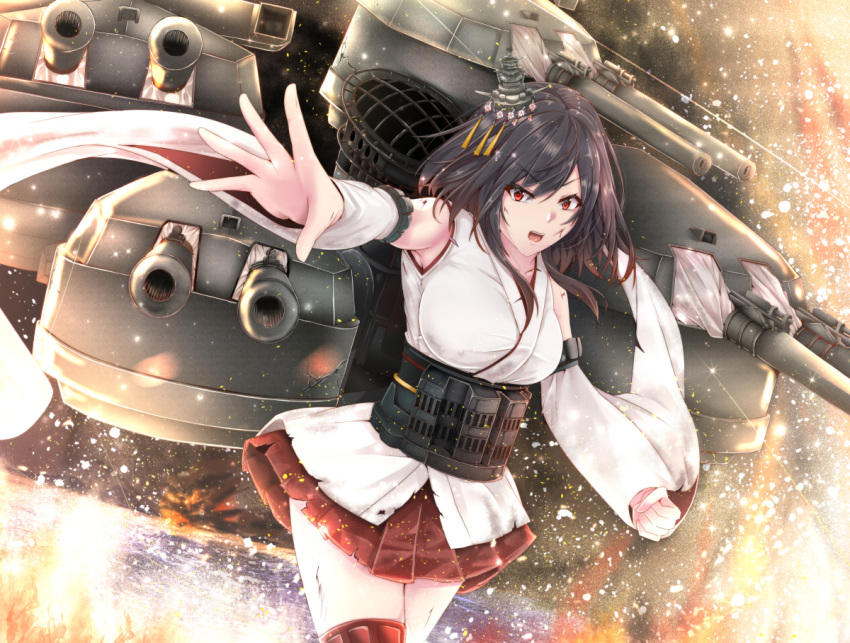 1girl armpit_peek black_hair breasts cannon cowboy_shot detached_sleeves hair_ornament hakama_skirt japanese_clothes kantai_collection large_breasts nontraditional_miko open_mouth red_eyes red_skirt rigging shohei_(piranha5hk) short_hair skirt solo thigh_strap turret wide_sleeves yamashiro_(kantai_collection)