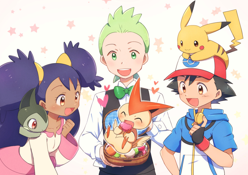 1girl 2boys :3 axew bangs baseball_cap basket big_hair black_gloves black_hair black_vest blue_shirt blush blush_stickers bow bowtie brown_eyes clenched_hand closed_eyes closed_mouth collarbone dark_skin dent_(pokemon) dress fang fingerless_gloves flat_chest food forehead full_body gen_1_pokemon gen_5_pokemon gloves green_eyes green_hair green_neckwear hair_tie hand_up hands_up happy hat heart highres iris_(pokemon) legendary_pokemon long_hair long_sleeves looking_at_another macaron multiple_boys open_mouth outline pikachu poke_ball_symbol poke_ball_theme pokemon pokemon_(anime) pokemon_(creature) pokemon_m14 purple_hair red_eyes red_headwear satoshi_(pokemon) shiny shiny_hair shirt short_hair simple_background smile standing star teeth tied_hair two_side_up upper_body vest victini white_outline white_shirt yuki56