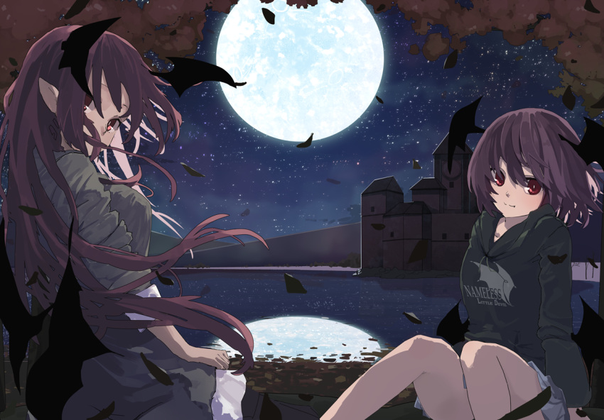 2girls alternate_costume black_hoodie building casual clothes_writing commentary_request contemporary demon_wings dual_persona feathers feet_out_of_frame full_moon futatsuki_eru grey_shirt grey_skirt head_wings hood hoodie knees_up koakuma lake long_hair long_sleeves looking_at_viewer low_wings mansion miniskirt misty_lake moon multiple_girls night night_sky outdoors pleated_skirt pointy_ears red_eyes redhead reflection scarlet_devil_mansion shirt short_hair sitting skirt sky sleeves_rolled_up touhou wings