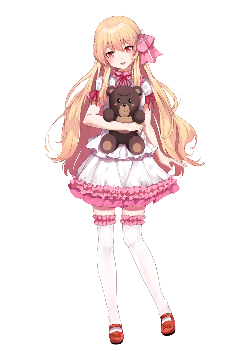 1girl arm_at_side bangs blonde_hair bow commentary_request eyebrows_visible_through_hair frilled_legwear frilled_skirt frilled_sleeves frills full_body hair_ornament hair_ribbon head_tilt highres holding holding_stuffed_animal kanji_hair_ornament keisenko long_hair looking_at_viewer mary_janes open_mouth original pink_ribbon puffy_short_sleeves puffy_sleeves red_bow red_eyes red_footwear red_ribbon ribbon shirt shoe_bow shoes short_sleeves sidelocks simple_background skirt skirt_set smile snozaki solo standing stuffed_animal stuffed_toy teddy_bear thigh-highs very_long_hair white_background white_legwear white_shirt white_skirt