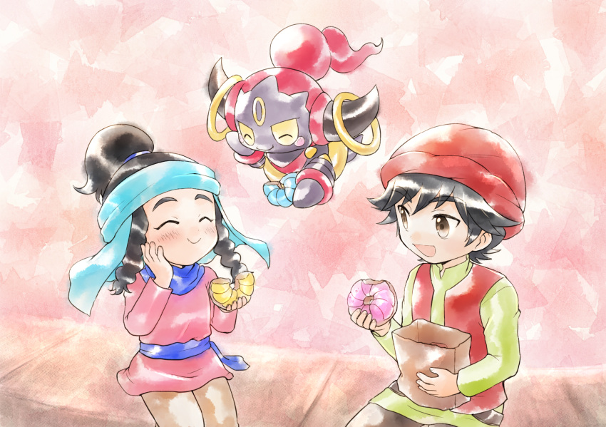 1boy 1girl :t bag bangs baraz_(pokemon) belt black_hair blue_headwear blush blush_stickers brown_eyes brown_pants child closed_eyes closed_mouth doughnut dress eating eyebrows_visible_through_hair flat_chest floating food full_body gen_6_pokemon green_shirt hair_tie hand_up hands_up happy hat high_ponytail highres holding hoopa hoopa_(confined) legendary_pokemon long_sleeves looking_at_another meray_(pokemon) open_mouth pants paper_bag pink_background pink_dress pokemon pokemon_(anime) pokemon_(creature) pokemon_m18 pokemon_xy_(anime) red_headwear red_vest sash shiny shiny_hair shirt short_hair short_ponytail smile tied_hair vest yellow_sclera yuki56