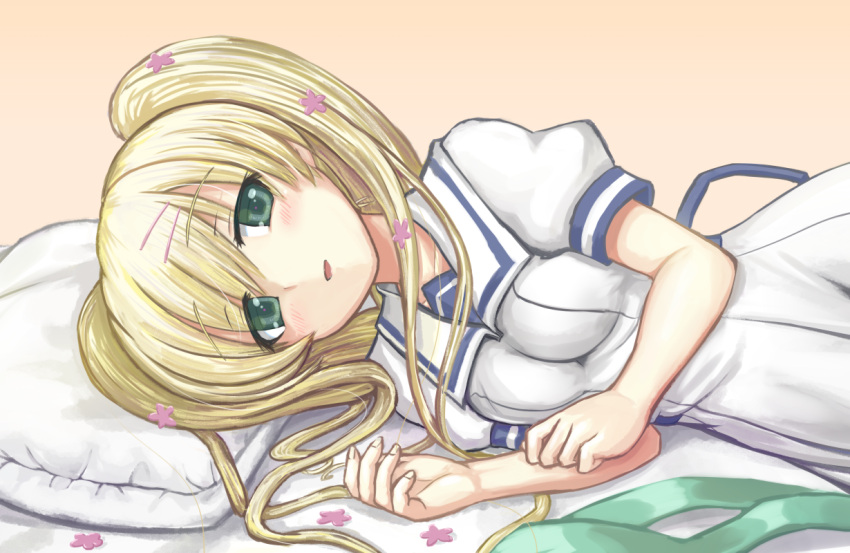 1girl bangs bed bed_sheet blonde_hair blush breasts cordelia_glauca eyebrows_visible_through_hair flower green_eyes hair_flower hair_ornament head_on_pillow long_hair looking_at_viewer lying medium_breasts on_bed on_side open_mouth pillow pink_flower programman puffy_short_sleeves puffy_sleeves school_uniform short_sleeves simple_background smile solo swept_bangs tantei_opera_milky_holmes tareme twintails uniform wavy_hair