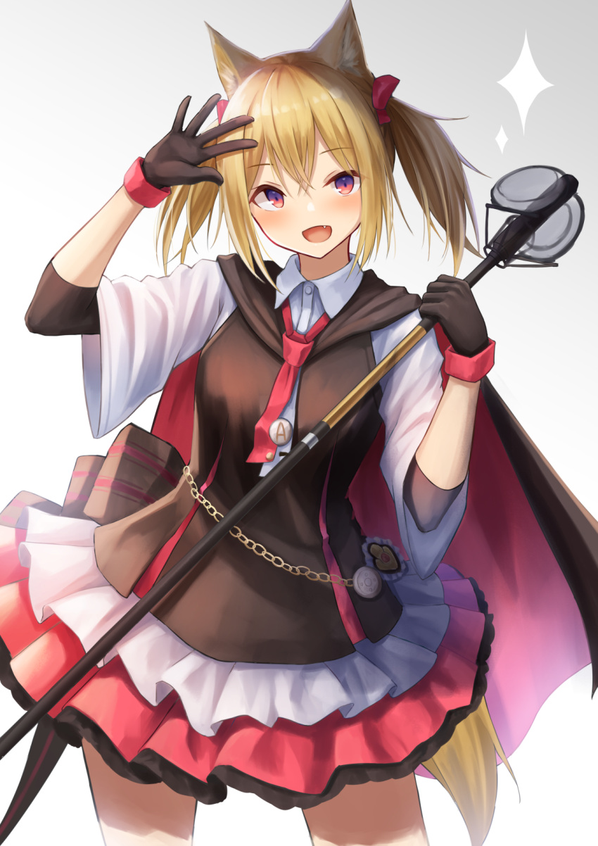 1girl :d animal_ears arknights black_gloves blonde_hair blush cape chain cowboy_shot fang gloves highres knoy3356 looking_at_viewer necktie open_mouth red_neckwear smile solo sora_(arknights) staff tail twintails violet_eyes