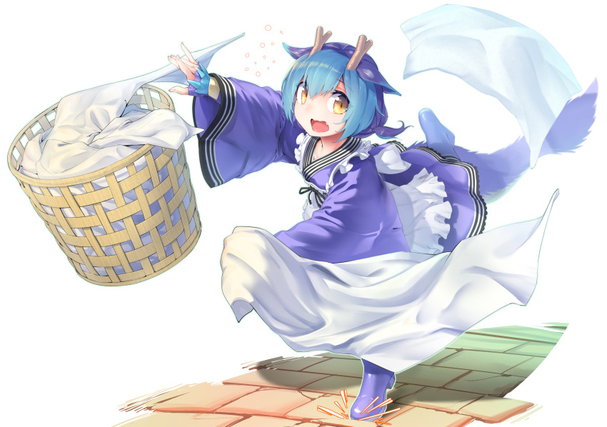 1girl absurdres apron artist_request bed_sheet blue_hair dragon_girl dragon_horns dragon_tail dragonmaid_laudry duel_monster fang fingerless_gloves gloves highres horns laundry laundry_basket maid open_mouth solo tail tripping yellow_eyes yuu-gi-ou