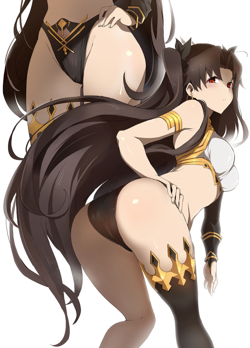 1girl armlet asymmetrical_legwear asymmetrical_sleeves bangs bare_shoulders bikini black_bikini_bottom black_bow black_hair black_legwear black_sleeves blush bow breasts bridal_gauntlets detached_collar detached_sleeves earrings fate/grand_order fate_(series) hair_bow hand_on_hip highleg highleg_bikini highres hoop_earrings ishtar_(fate/grand_order) jewelry leaning_forward long_hair looking_at_viewer looking_back neck_ring parted_bangs red_eyes simple_background single_detached_sleeve single_thighhigh swimsuit thigh-highs thighlet thighs tiara two_side_up white_background white_bikini_top xiaodi